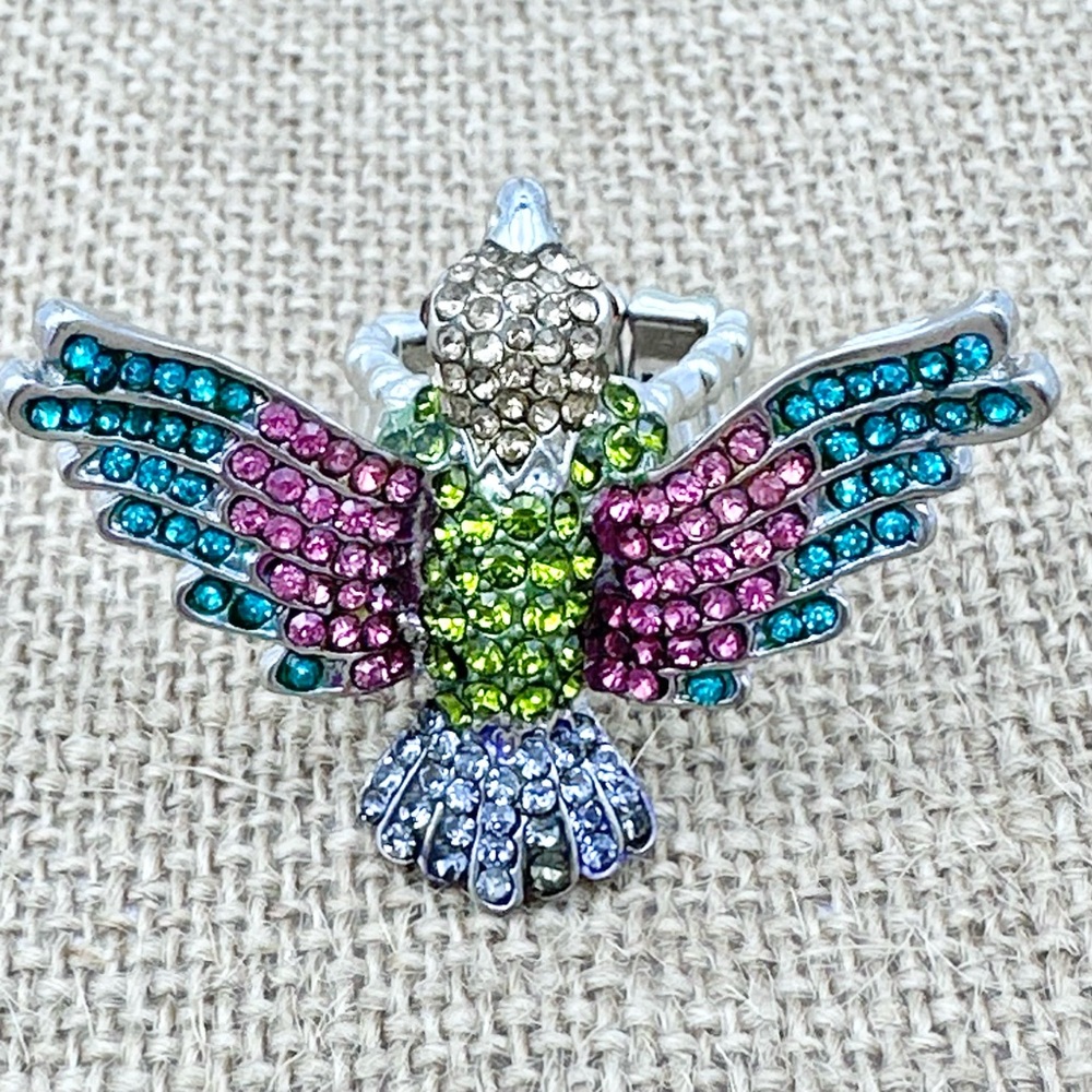 Large Multicolor Rhinestone Bird Cocktail Stretch Ring - Picture 5 of 7